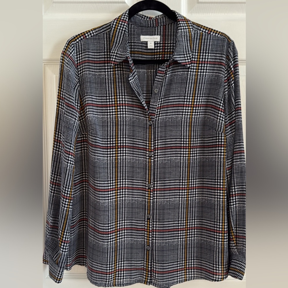 Charter Club Black White Houndstooth Button-Up with Mustard and Coral Accents